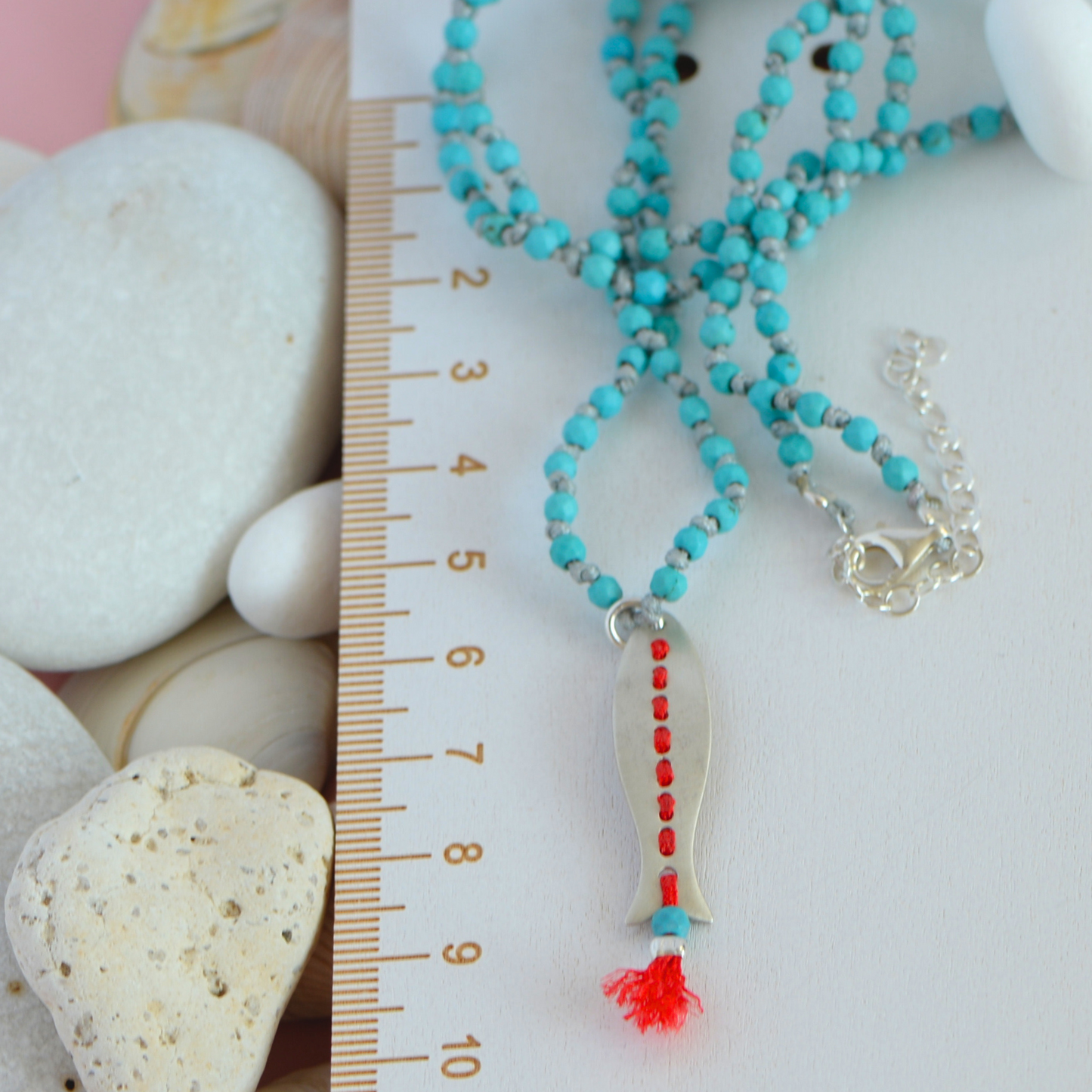 Silver Fish Pendant Long Turquoise Gemstone Knot Necklace