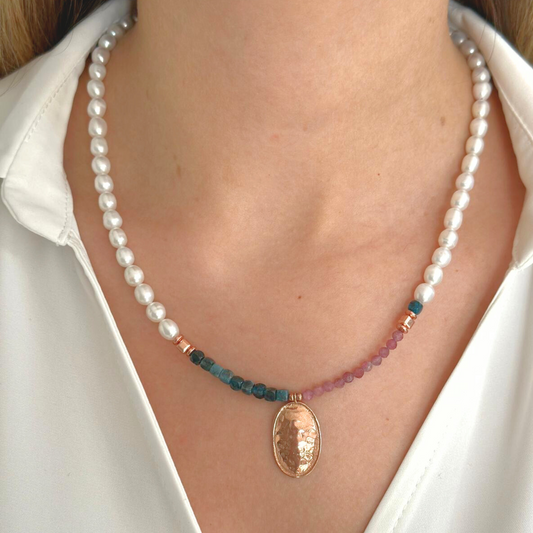 Gemstone and Pearls Necklace with Silver Pendant