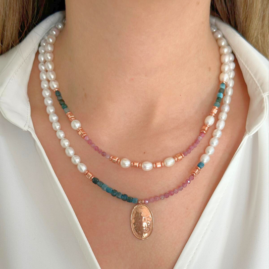 Mood Gemstone and Pearls Layered Necklace Set
