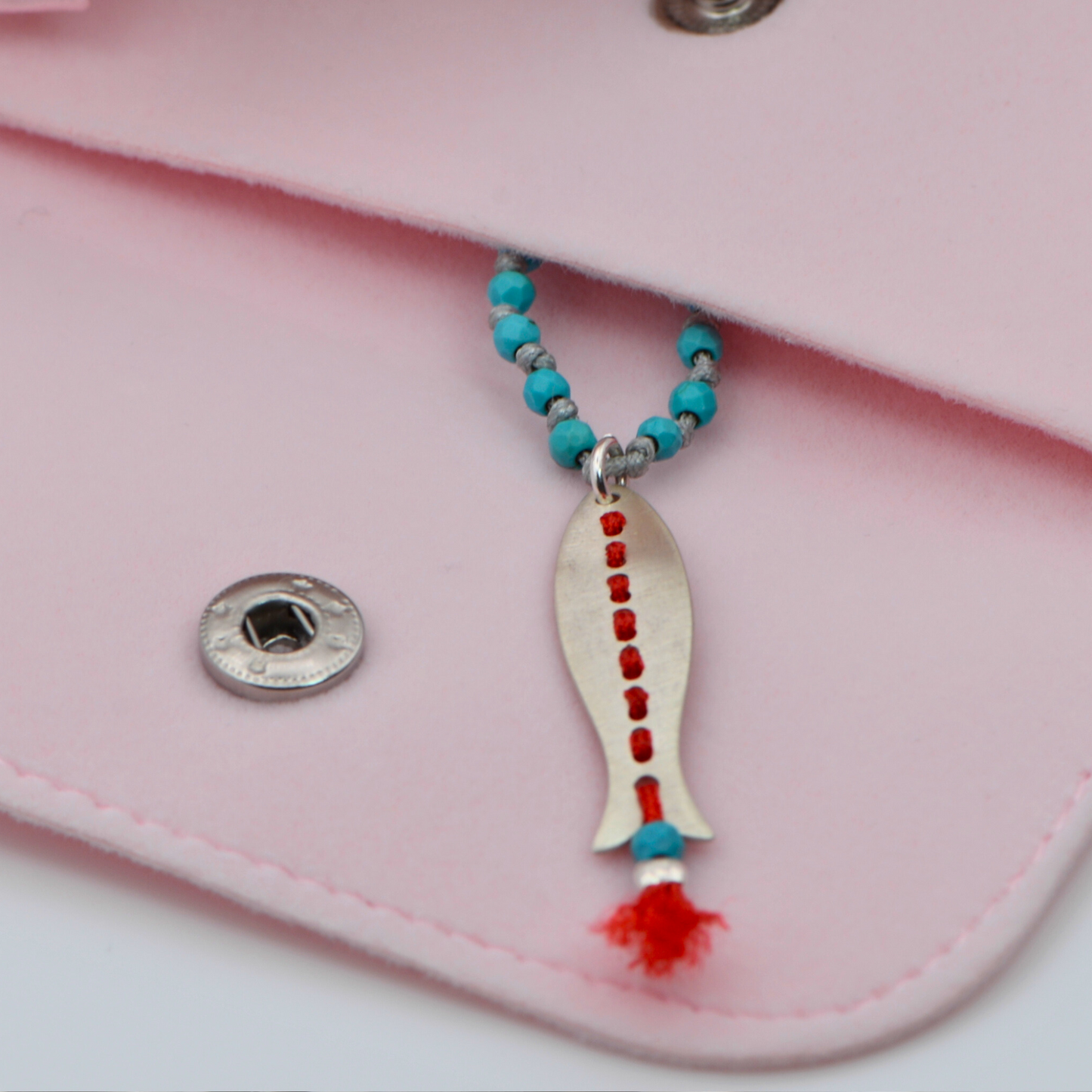 Silver Fish Pendant Long Turquoise Gemstone Knot Necklace