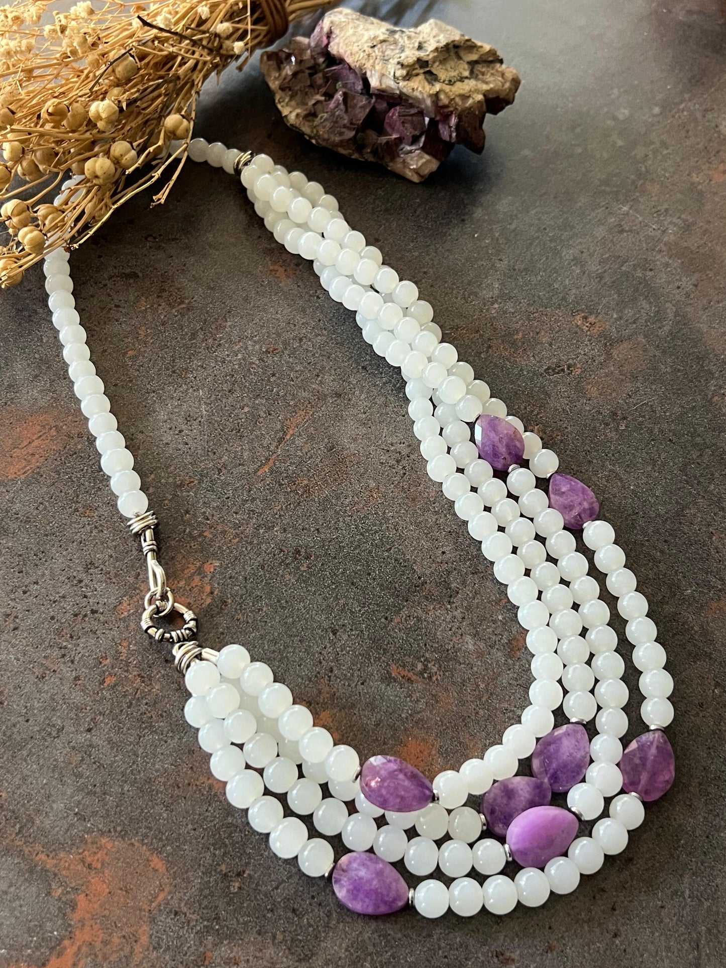 Moonstone and Amethyst Gemstone Layered Necklace