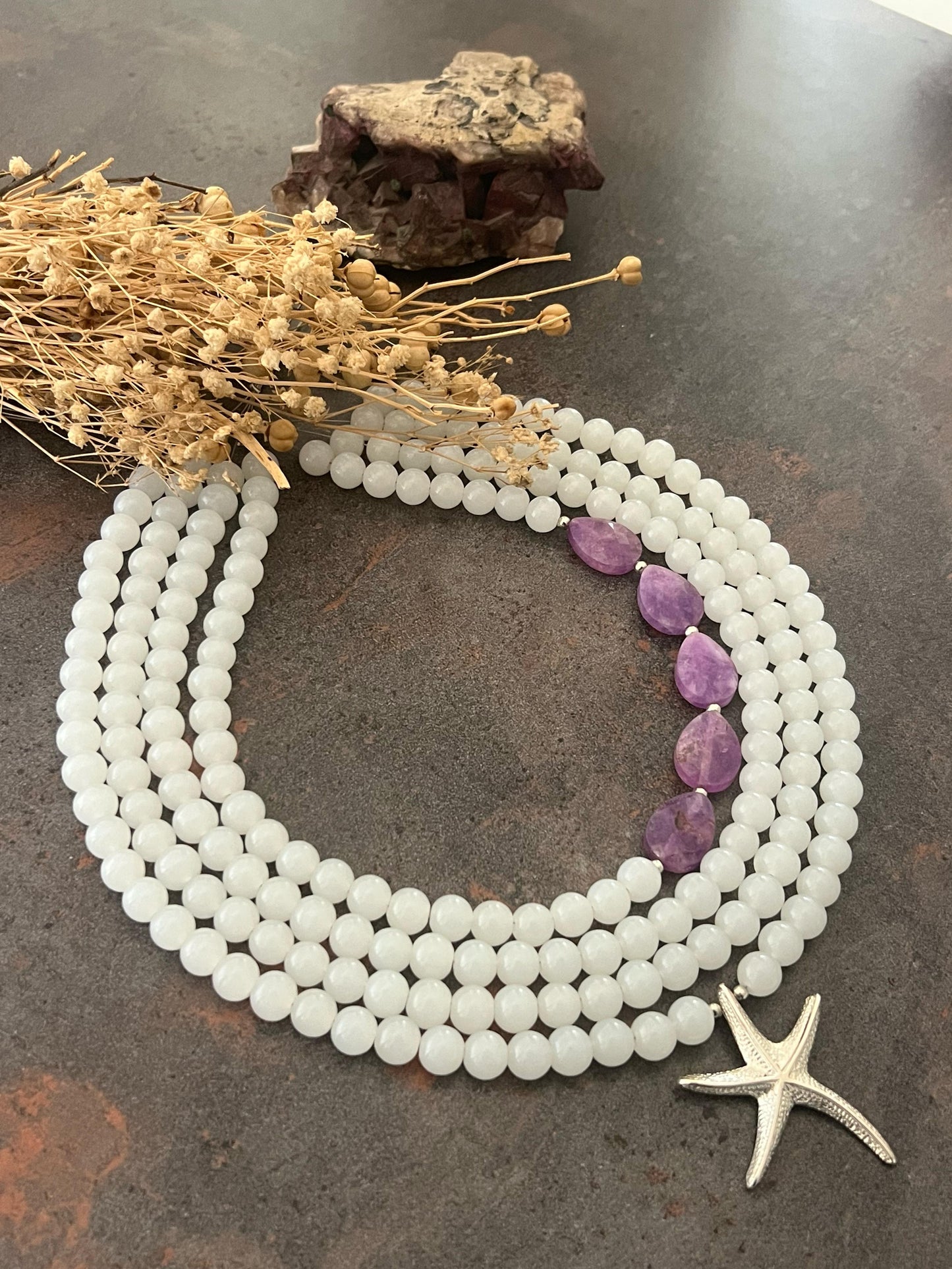 Moonstone and Amethyst Necklace with Silver Starfish Necklace