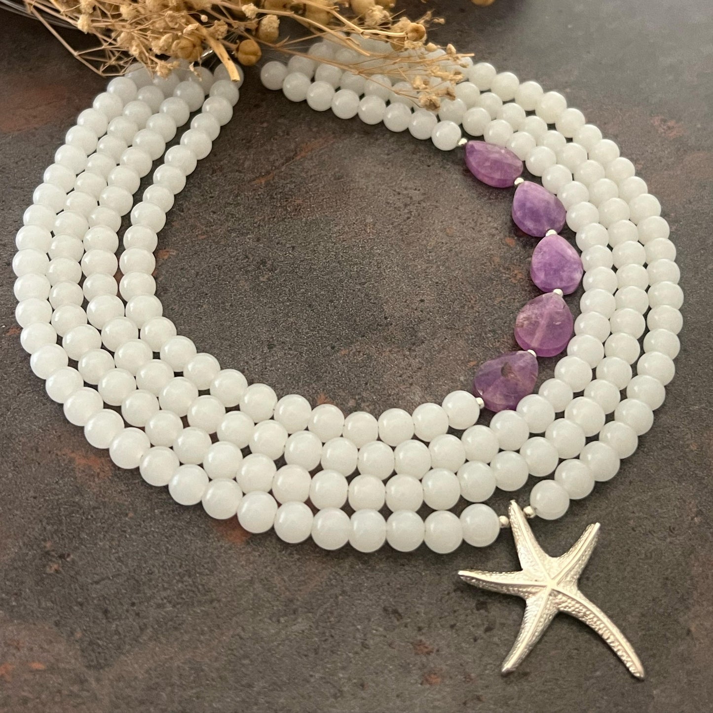 Moonstone and Amethyst Necklace with Silver Starfish Necklace