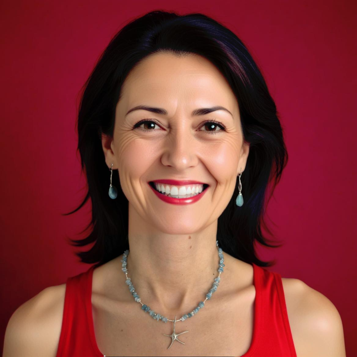 Aquamarine Starfish Necklace in 925 Silver displayed on a smiling person, set against a vibrant red background.