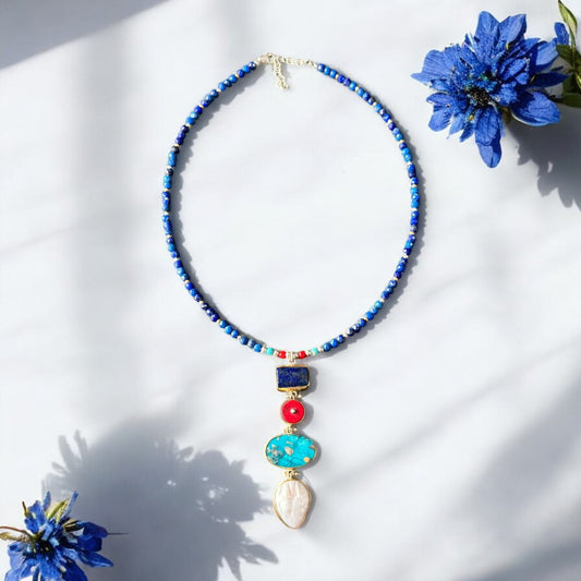 Lapis Lazuli, Coral, Turquoise Gemstone Necklace
