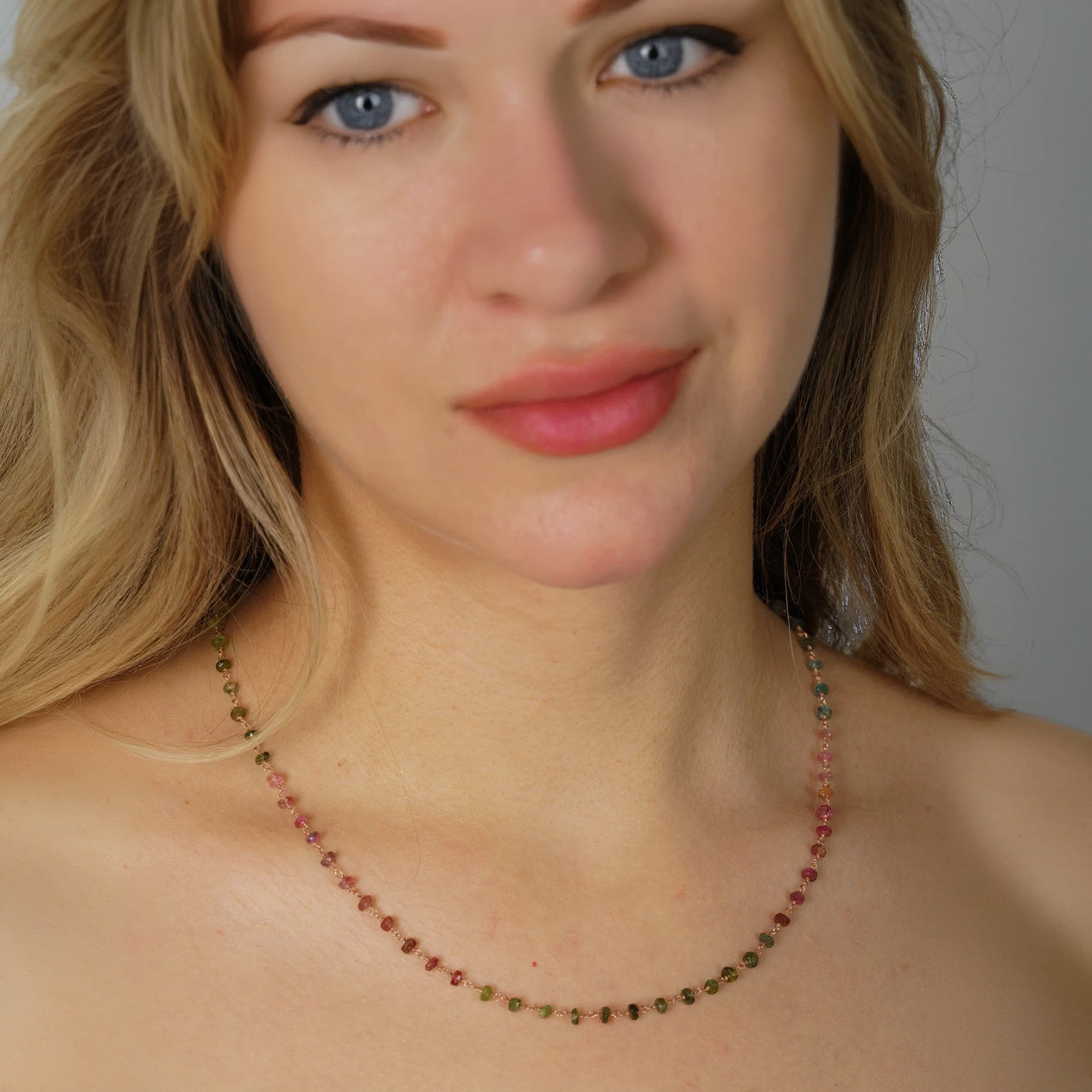 Elegant dainty multicolour tourmaline gemstone chain necklace showcased on a model, perfect for every occasion.