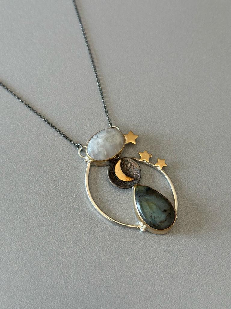 Elegant Day and Night Moonstone Silver Necklace featuring celestial-inspired design of gemstones and golden star accents.