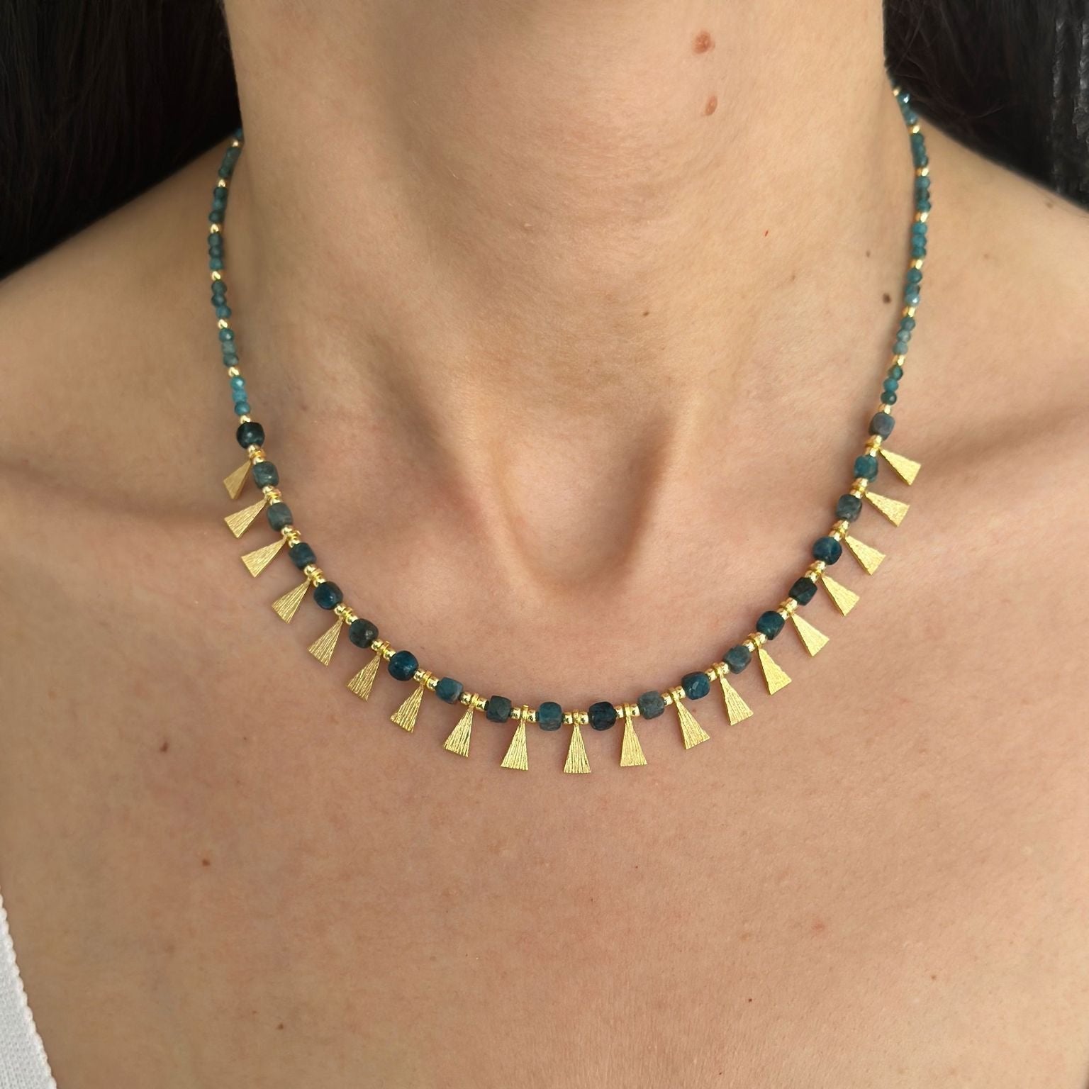 Eva Necklace with Apatite Gemstone in 925 Sterling Silver Gold Plated displayed on a woman's neck