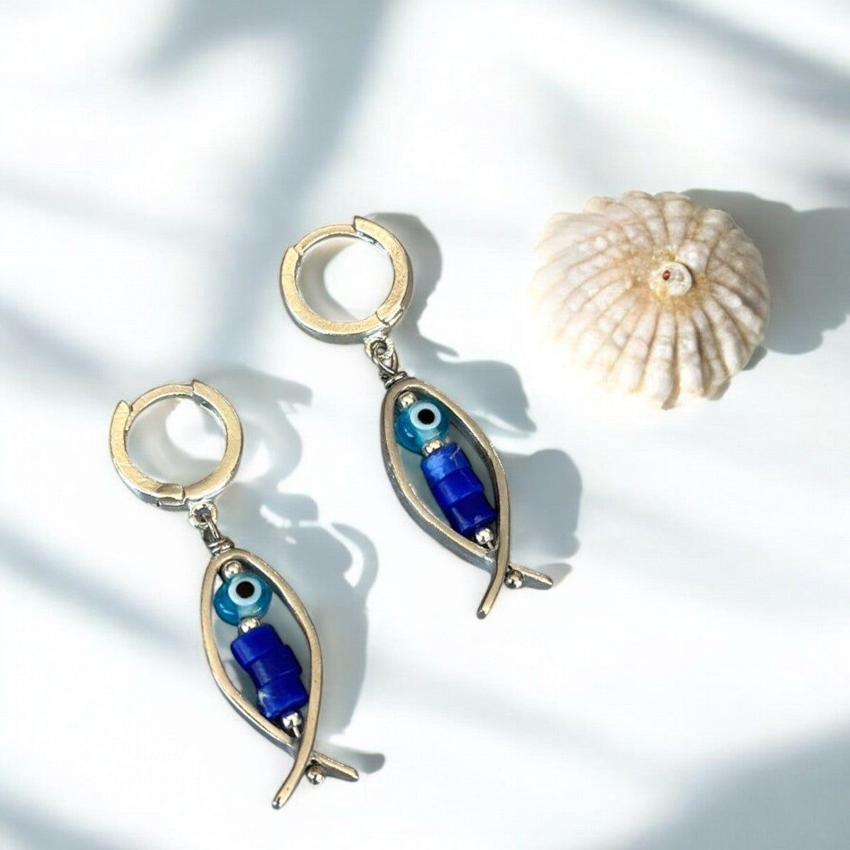 Bonito Navy Fish Earrings with Variscite Gemstone and Evil Eye Glass Bead