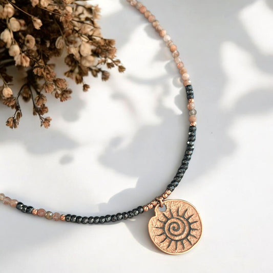 Sun Necklace from Sunstone Gemstone and Hematite in 925 Sterling Silver Rose Gold Plated