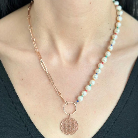 Handcrafted Life of Flower Necklace with Pearl in 925 Sterling Silver and Rose Gold Plating