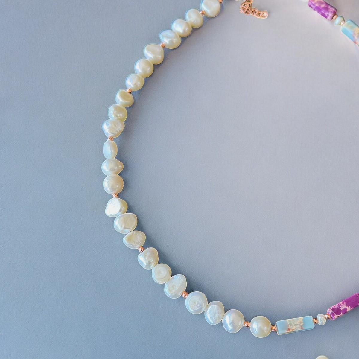 Close-up of the Liza Necklace featuring variscite, hematite, and pearl beads with rose gold-plated silver accents.