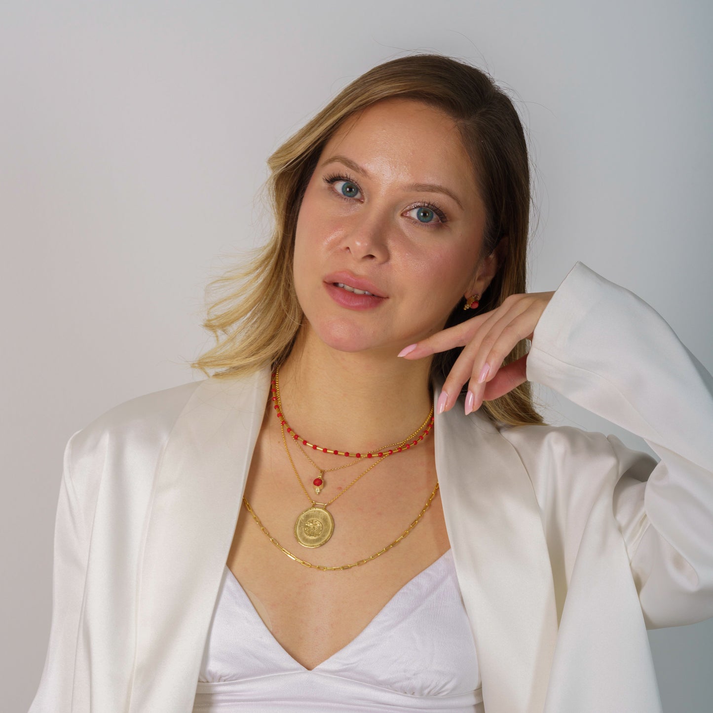 Coral Gemstone and Silver Pipe Necklace