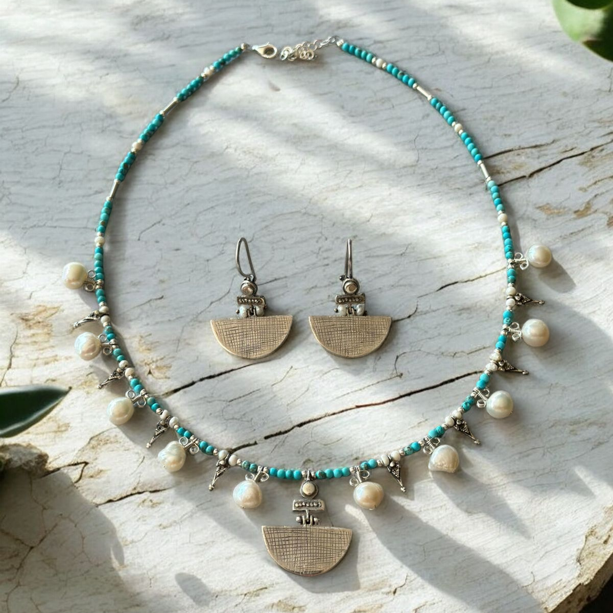 Selena Turquoise Necklace and Earrings Set with intricate design, pearls, and turquoise beads