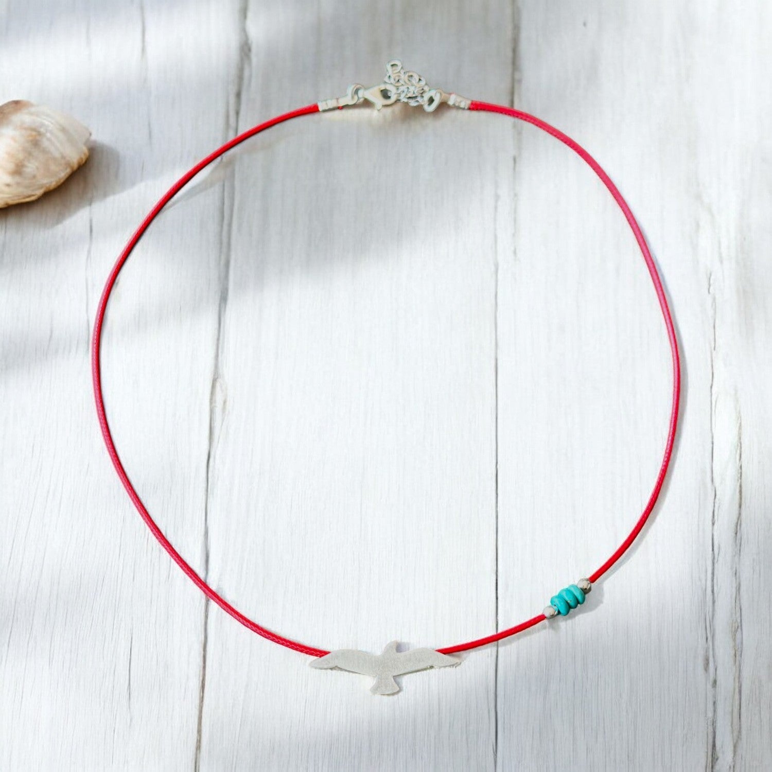 Silver Seagull Pendant on Red Cord Necklace with Turquoise Beads