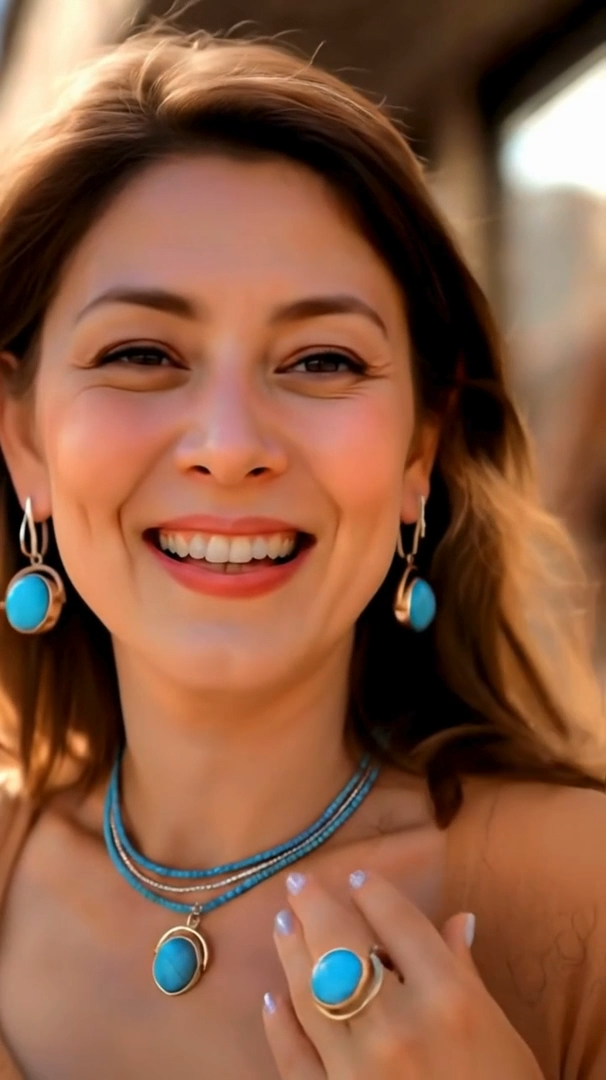 Elegant woman wearing a turquoise gemstone pendant necklace, matching earrings, and ring in an outdoor setting.