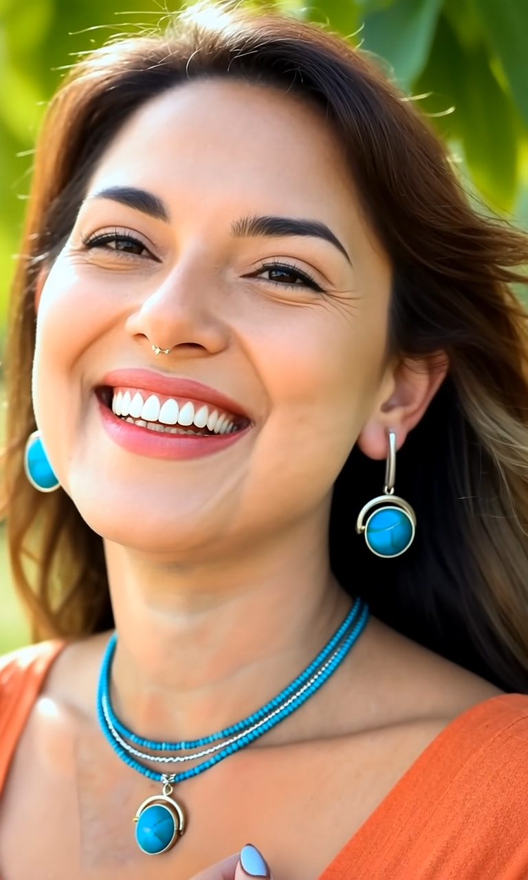 Smiling woman wearing a stylish turquoise gemstone jewellery set featuring a pendant necklace, earrings, and a ring outdoors.