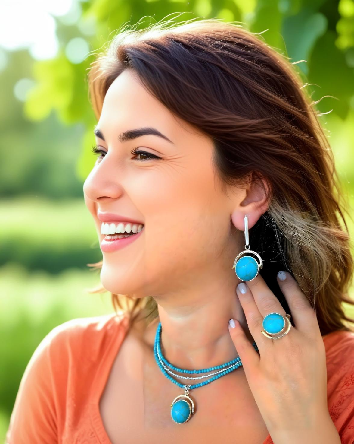 Turquoise gemstone jewellery set featuring necklace, earrings, and ring, perfect for elegant style and natural charm.