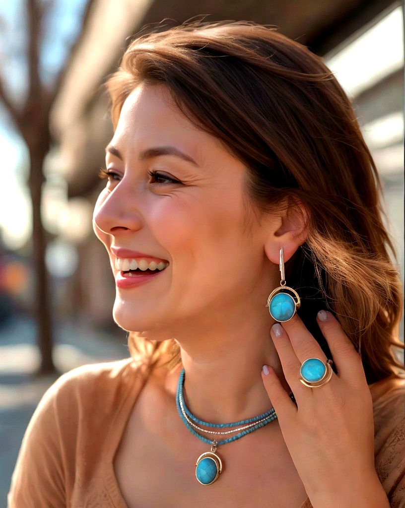 A stylish turquoise gemstone pendant, necklace, earrings, and ring jewellery set showcased by a smiling woman.